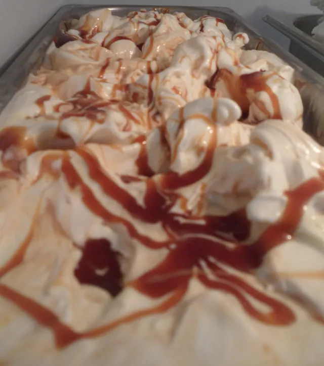 Salted caramel swirl gelato in the pan