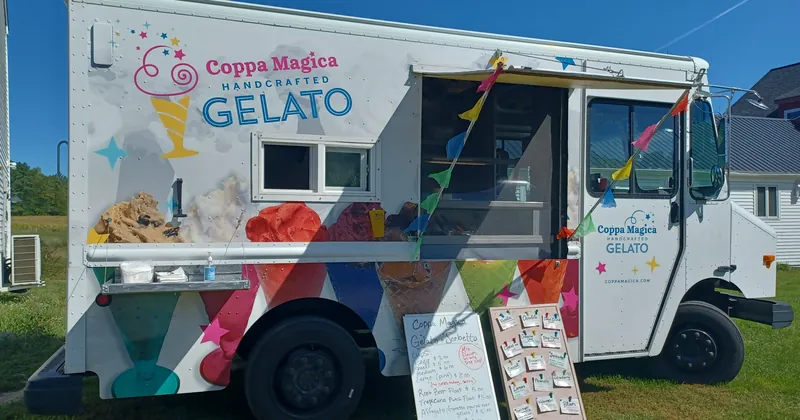 The Coppa Magica gelato truck, painted with gelato cups and stars